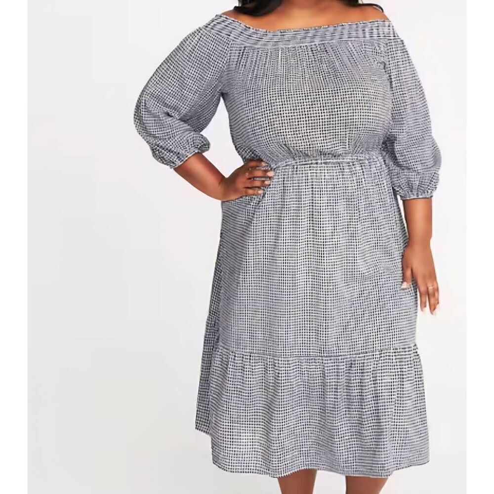 Old Navy Dress Women's XL Blue White Gingham Waist Defined Off the Shoulder Midi